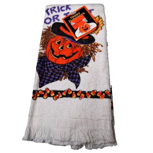 Unbranded Other - Vintage Halloween Hand Towel NOS Small Fringe Pumpkin Head Scarkrow NEW 18"
